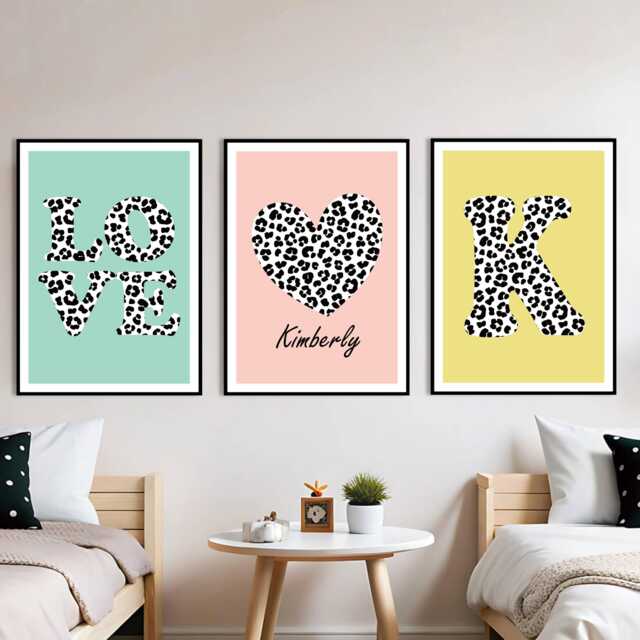 Personalized Leopard Print Girls Room Decor Set Of 3, Love Heart Initial Art - image 1
