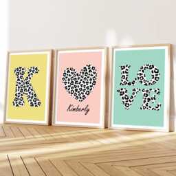 Personalized Leopard Print Girls Room Decor Set Of 3, Love Heart Initial Art - thumbnail 2