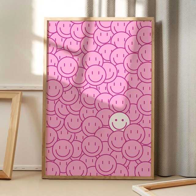 Pink Smiley Face Art Canvas Poster, Trendy Wall Art, Apartment Aesthetic Decor, Retro Home Printed Gift - image 1