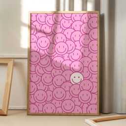 Pink Smiley Face Art Canvas Poster, Trendy Wall Art, Apartment Aesthetic Decor, Retro Home Printed Gift - thumbnail 1