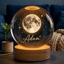 Personalized Newborn Baby Moon Phrase Crystal Ball Night Light, Custom The You Were Born Lamp, Meaningful Gift For Kids Son Daughter - thumbnail 4