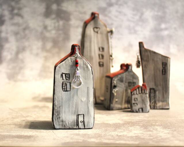 Rustic Ceramic Houses Set, Collectibles, Tiny Houses, Country Home Decor, House, Housewarming Gift - image 1