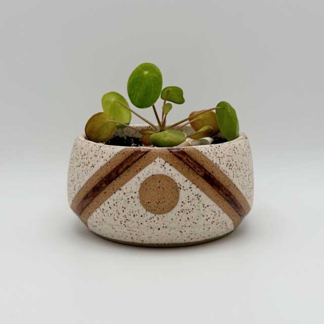 Ceramic Planter With Triangle & Circle Design - 5 Inch Brown White Stripe Speckled Stoneware Pot Drainage - image 1