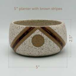 Ceramic Planter With Triangle & Circle Design - 5 Inch Brown White Stripe Speckled Stoneware Pot Drainage - thumbnail 3