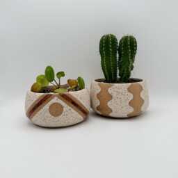Ceramic Planter With Triangle & Circle Design - 5 Inch Brown White Stripe Speckled Stoneware Pot Drainage - thumbnail 4