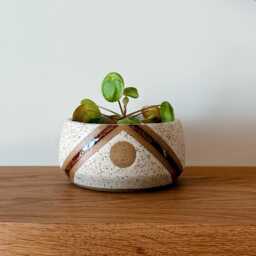 Ceramic Planter With Triangle & Circle Design - 5 Inch Brown White Stripe Speckled Stoneware Pot Drainage - thumbnail 2