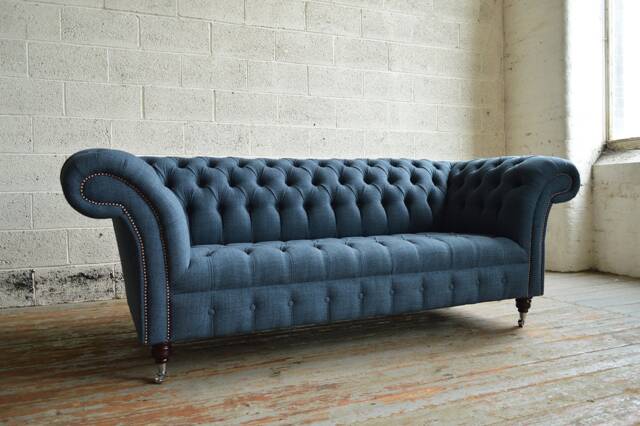 3 Seater Denim Navy Wool Fabric Chesterfield Sofa, British Handmade - image 1