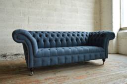 3 Seater Denim Navy Wool Fabric Chesterfield Sofa, British Handmade - thumbnail 1