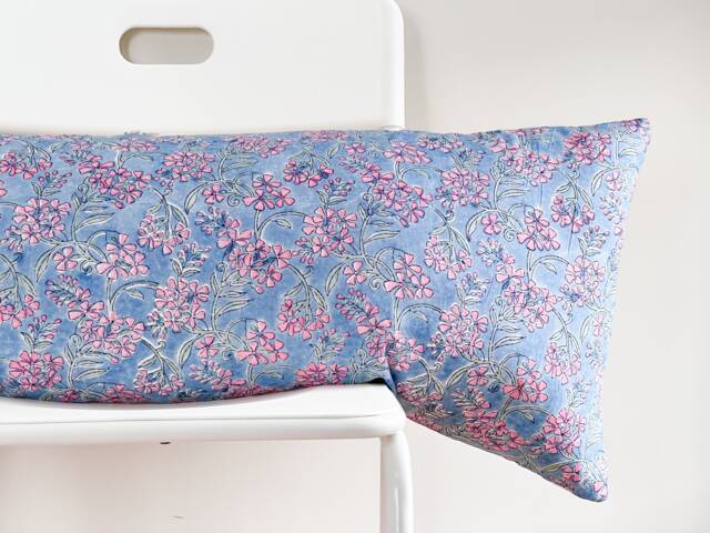 Floral Lumbar Pillow Cover Indian Block Print, Natural Dyed Batik - image 1
