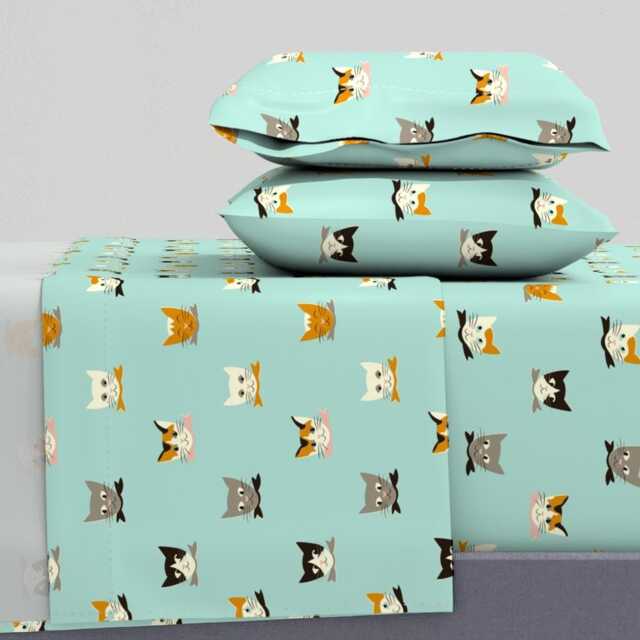 Cats Sheets - Vintage Kitties By Mintgreensewingmachine Retro Look Mid Century Cat Faces Cotton Sateen Sheet Set Bedding Spoonflower - image 1