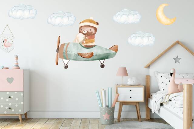 Bear & Bunny Airplane Wall Decal Nursery Decor - image 1