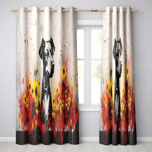Dog Portrait With Red & Yellow Flowers Decorative Modern Artwork For Home Decor Readymade Eyelet Ring Top Thermal 100% Blackout Curtains - image 1