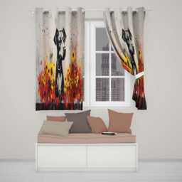 Dog Portrait With Red & Yellow Flowers Decorative Modern Artwork For Home Decor Readymade Eyelet Ring Top Thermal 100% Blackout Curtains - thumbnail 2