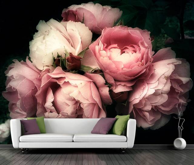 Pink Roses Wall Mural - Removable Vinyl Self Adhesive Wallpaper, Decal. Custom Size - image 1
