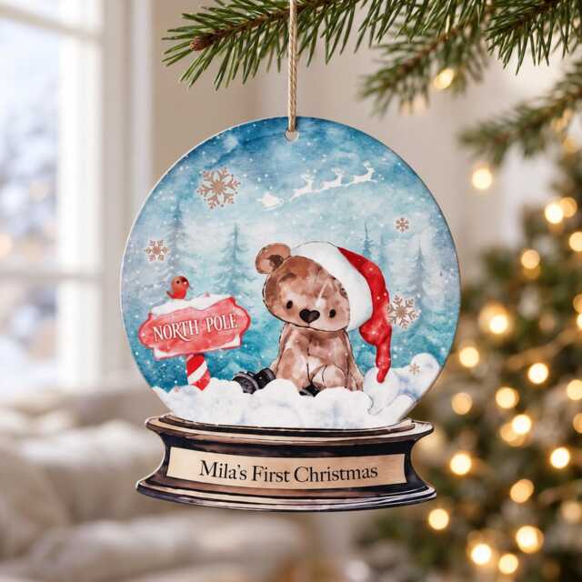 Personalised Baby First Christmas Wooden Bauble, Birchwood Snow Globe Keepsake Ornament - image 1