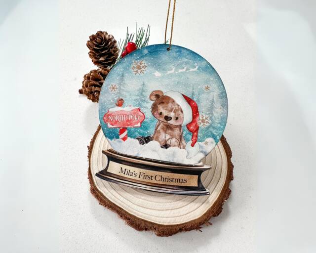 Personalised Baby's First Christmas Bauble, Wood Snow Globe Ornament - image 1