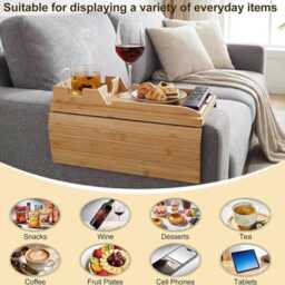 Wooden Sofa Armrest Tray - Couch Table With Cup Holder, Remote Slot, Space Saving Organizer - thumbnail 2
