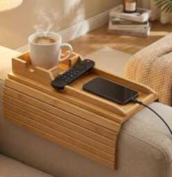 Wooden Sofa Armrest Tray - Couch Table With Cup Holder, Remote Slot, Space Saving Organizer - thumbnail 1