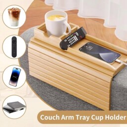 Wooden Sofa Armrest Tray - Couch Table With Cup Holder, Remote Slot, Space Saving Organizer - thumbnail 4