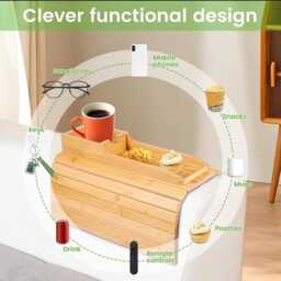 Wooden Sofa Armrest Tray - Couch Table With Cup Holder, Remote Slot, Space Saving Organizer - thumbnail 3