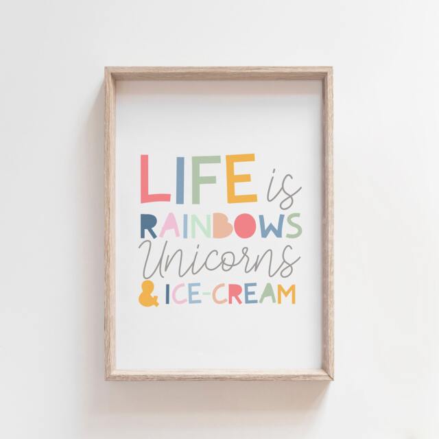 Girls Nursery Prints, Unicorns Rainbow Print, Bedroom, Toddler Room, Playroom, Wall Art, Quote, Colourful - image 1