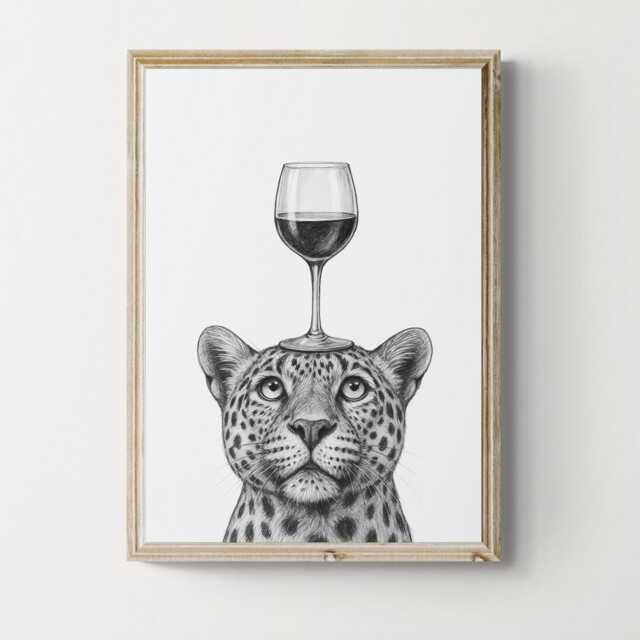 Leopard Art Print, Funny Animal & Wine Drawing, Lover Wall Decor, Lovers Gifts - image 1