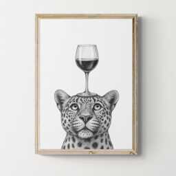 Leopard Art Print, Funny Animal & Wine Drawing, Lover Wall Decor, Lovers Gifts - thumbnail 1