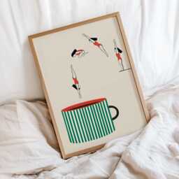 Coffee Enthusiast Print Illustrated Mug With Swimmers Giclee Wall Art, Green Kitchen Decor - Unframed - thumbnail 3