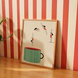 Coffee Enthusiast Print Illustrated Mug With Swimmers Giclee Wall Art, Green Kitchen Decor - Unframed - thumbnail 1