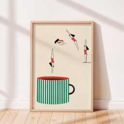 Coffee Enthusiast Print Illustrated Mug With Swimmers Giclee Wall Art, Green Kitchen Decor - Unframed - thumbnail 2