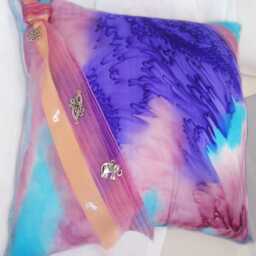 Hand Dyed Silk Cushion Cover, Blue Pink Teal, Silver Charms, Bohemian Decor - thumbnail 1