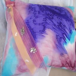 Hand Dyed Silk Cushion Cover, Blue Pink Teal, Silver Charms, Bohemian Decor - thumbnail 3