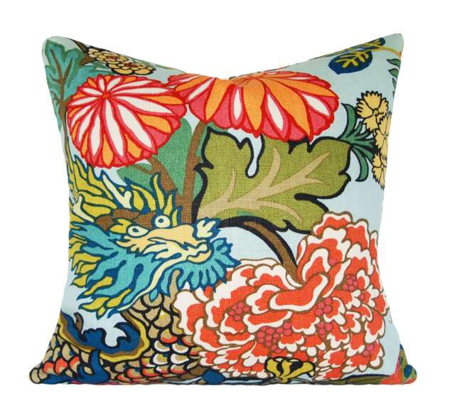 Schumacher Chiang Mai Dragon Pillow Cover Aquamarine Linen Throw - image 1