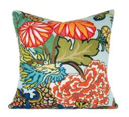 Schumacher Chiang Mai Dragon Pillow Cover Aquamarine Linen Throw - thumbnail 1
