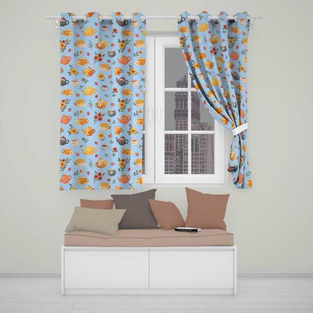 Vintage Teapot Floral Tea Cups Strawberry Garden Blue Background Seamless Pattern Readymade Eyelet Ring Top Thermal 100% Blackout Curtains - image 1