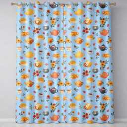 Vintage Teapot Floral Tea Cups Strawberry Garden Blue Background Seamless Pattern Readymade Eyelet Ring Top Thermal 100% Blackout Curtains - thumbnail 2
