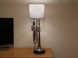 Trumpet Lamp, Silver With Round Black Satin Base, New