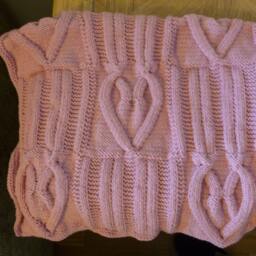 Handknitted Baby Blanket, Luxury, Pink, Soft, Extrafine Merino Wool, Loveheart Design, Girl, Pram, Babyshower, Gift, 70 X 63 cm - thumbnail 3