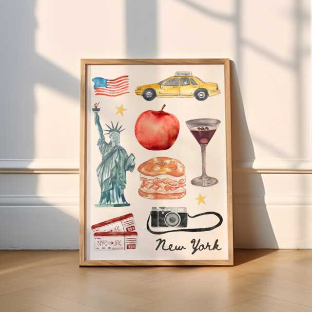New York Memories Print - Travel - New City, Nyc, Manhattan, Brooklyn, America, Funky, Vintage, Painting, Vibes, Usa, Liberty, Apple - image 1
