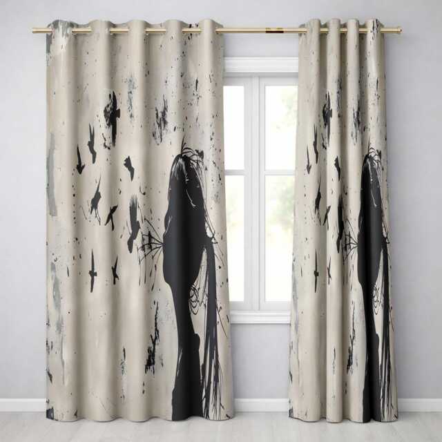 Girl Blowing Birds Black Silhouette Minimalist Art Bold Artwork For Bedroom Decor Readymade Eyelet Ring Top Thermal 100% Blackout Curtains - image 1