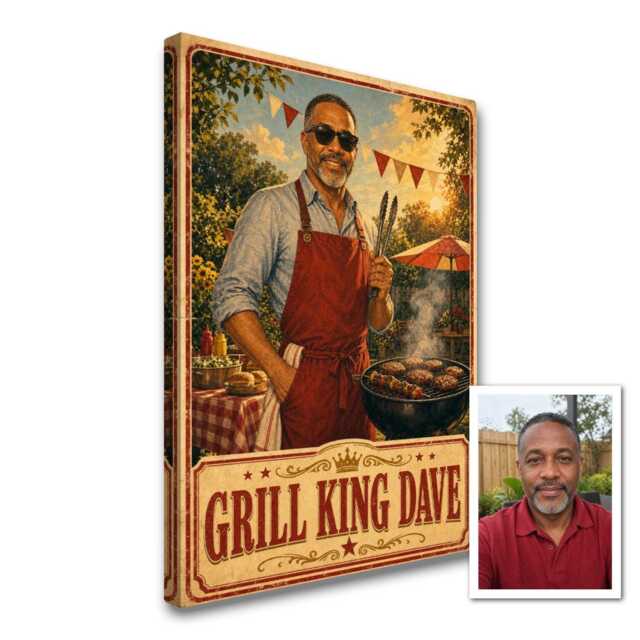 Personalised Bbq King Canvas From Photo, Custom Text Vintage Garden Grill Poster, Ready To Hang Kitchen Wall Art Gift For Dad Host - image 1