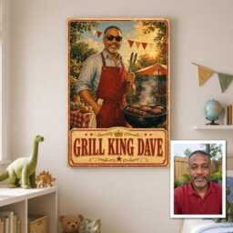 Personalised Bbq King Canvas From Photo, Custom Text Vintage Garden Grill Poster, Ready To Hang Kitchen Wall Art Gift For Dad Host - thumbnail 2