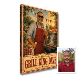 Personalised Bbq King Canvas From Photo, Custom Text Vintage Garden Grill Poster, Ready To Hang Kitchen Wall Art Gift For Dad Host - thumbnail 1