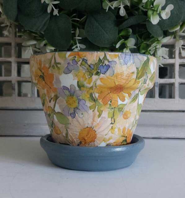 Beautiful Yellow & Blue Decoupaged Terracotta Plant Pot. Available in Two Sizes - image 1