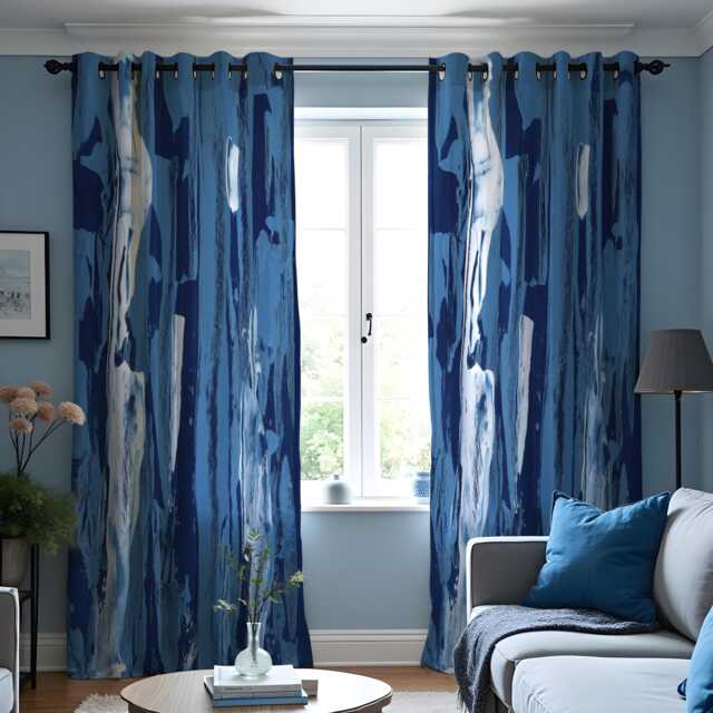 Dark Blue Abstract Curtains, Waterfall Art Print Drapes, Modern Custom Window Panels For Living Room Bedroom - image 1