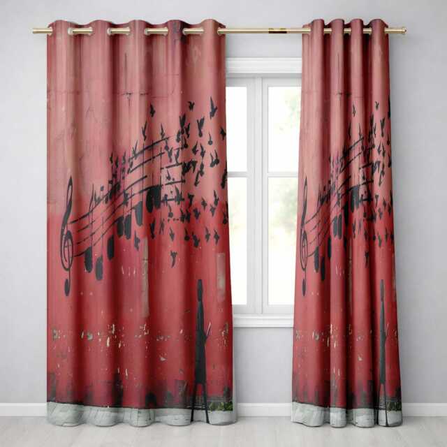 Red Music Notes Transforming Into Flying Birds Art Expressive Wall Home Decor Readymade Eyelet Ring Top Thermal 100% Blackout Curtains - image 1