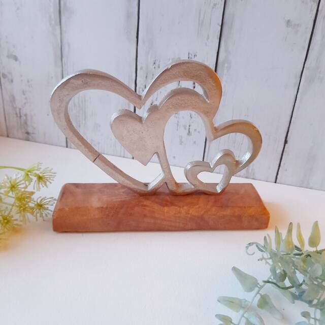 Metal Multi Heart Ornament On Wooden Base - The Home & Hearts Shop Rustic Decoration Christmas Wedding Gift - image 1
