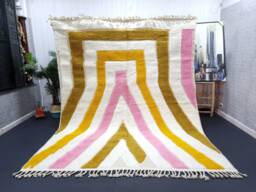 Beautiful Beniourain Rug, Moroccan Rug, Pink & Yellow Rug , Striped Handmade , Wool Of Sheep Custom Carpet, Berber Rug , Area - thumbnail 1