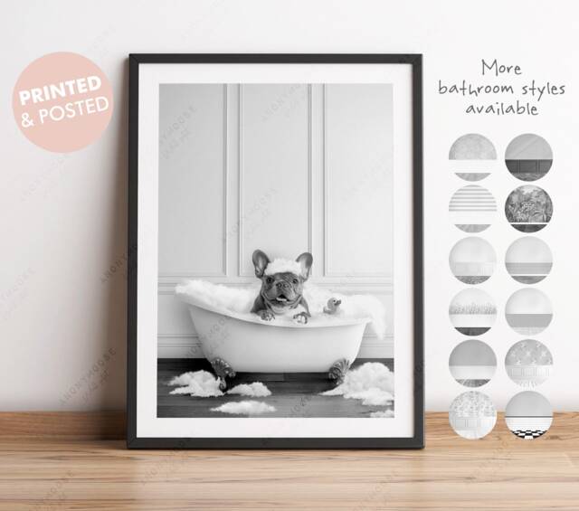 Black & White Grey French Bulldog in A Bath Print, Bathing, Funny Bathroom Animal Bathtub, Dog Tub Print, Whimsy - image 1