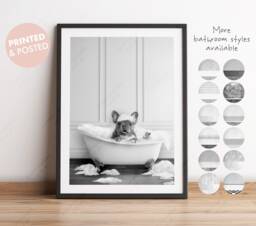 Black & White Grey French Bulldog in A Bath Print, Bathing, Funny Bathroom Animal Bathtub, Dog Tub Print, Whimsy - thumbnail 1